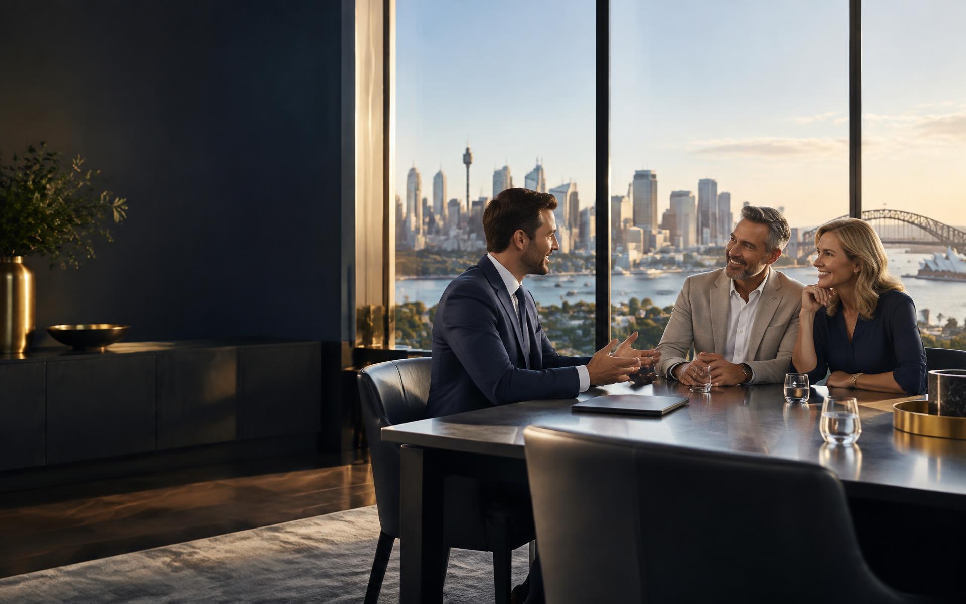 A financial adviser meeting with a couple overlooking Sydney Harbour